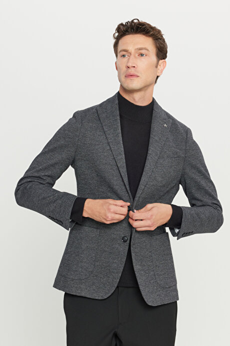 Pamuklu Slim Fit Dar Kesim Kırlangıç Yaka Diagonal Desenli Blazer Siyah Ceket resmi