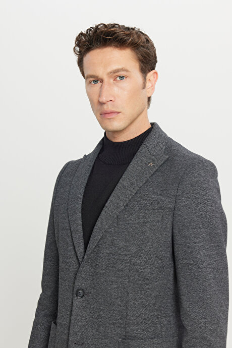 Pamuklu Slim Fit Dar Kesim Kırlangıç Yaka Diagonal Desenli Blazer Siyah Ceket resmi