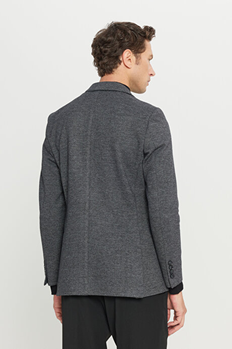 Pamuklu Slim Fit Dar Kesim Kırlangıç Yaka Diagonal Desenli Blazer Siyah Ceket resmi