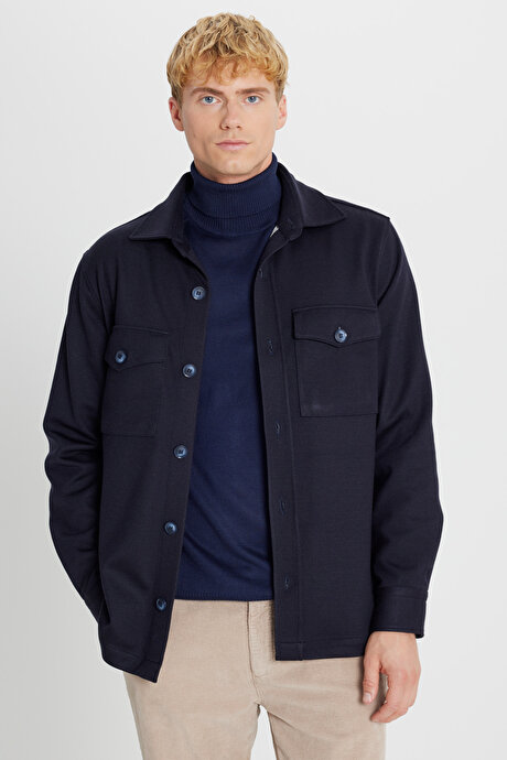 Yünlü Comfort Fit Rahat Kesim Gömlek Yaka Kapaklı Torba Cepli Lacivert Gömlek Ceket resmi