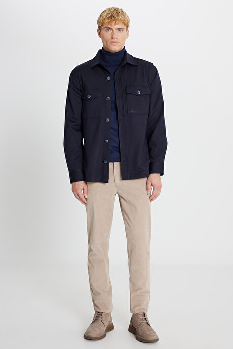 Yünlü Comfort Fit Rahat Kesim Gömlek Yaka Kapaklı Torba Cepli Lacivert Gömlek Ceket resmi