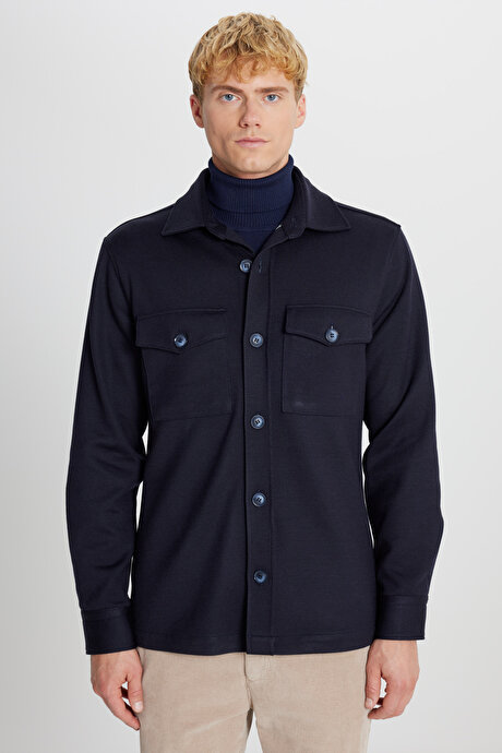 Yünlü Comfort Fit Rahat Kesim Gömlek Yaka Kapaklı Torba Cepli Lacivert Gömlek Ceket resmi