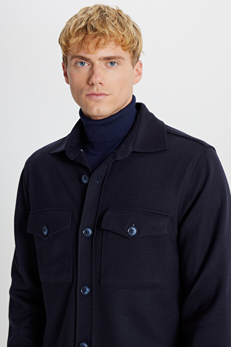 Yünlü Comfort Fit Rahat Kesim Gömlek Yaka Kapaklı Torba Cepli Lacivert Gömlek Ceket resmi