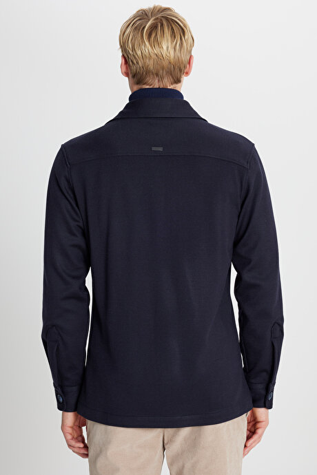 Yünlü Comfort Fit Rahat Kesim Gömlek Yaka Kapaklı Torba Cepli Lacivert Gömlek Ceket resmi