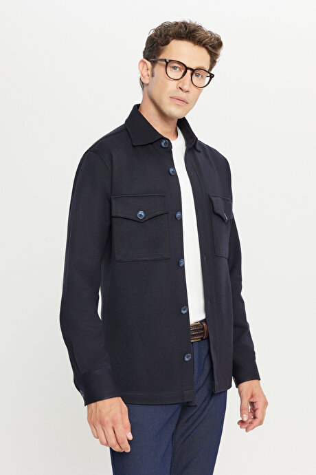 Yünlü Comfort Fit Rahat Kesim Gömlek Yaka Kapaklı Torba Cepli Siyah Gömlek Ceket resmi