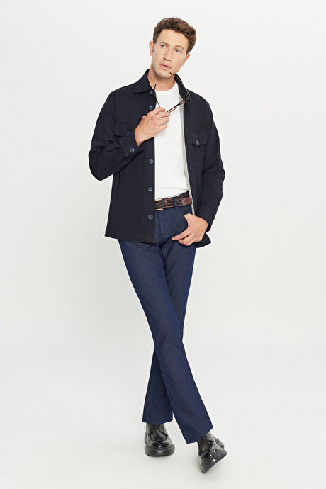 Yünlü Comfort Fit Rahat Kesim Gömlek Yaka Kapaklı Torba Cepli Siyah Gömlek Ceket resmi