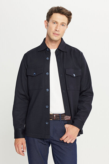 Yünlü Comfort Fit Rahat Kesim Gömlek Yaka Kapaklı Torba Cepli Siyah Gömlek Ceket resmi