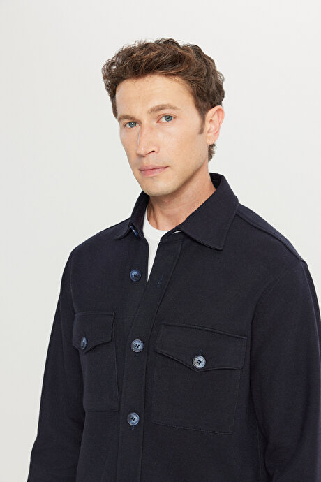 Yünlü Comfort Fit Rahat Kesim Gömlek Yaka Kapaklı Torba Cepli Siyah Gömlek Ceket resmi