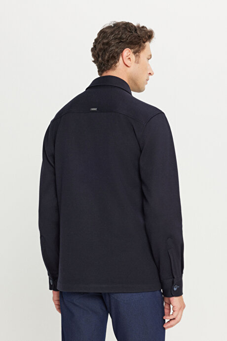 Yünlü Comfort Fit Rahat Kesim Gömlek Yaka Kapaklı Torba Cepli Siyah Gömlek Ceket resmi