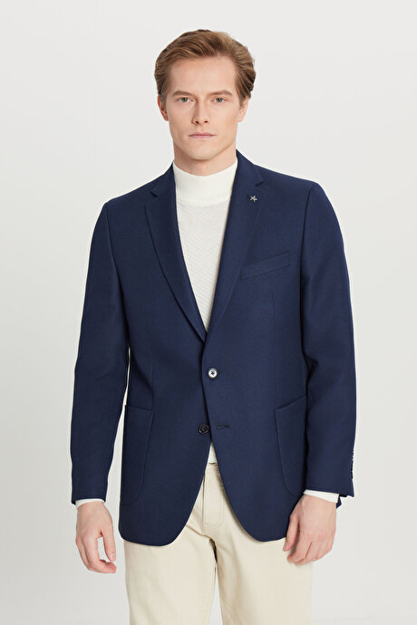 Slim Fit Dar Kesim Mono Yaka Torba Cepli Armürlü Blazer Lacivert Ceket resmi
