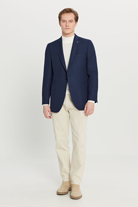 Slim Fit Dar Kesim Mono Yaka Torba Cepli Armürlü Blazer Lacivert Ceket resmi