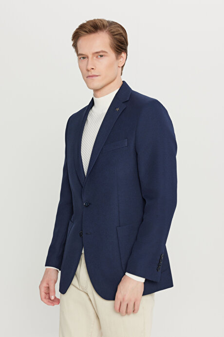 Slim Fit Dar Kesim Mono Yaka Torba Cepli Armürlü Blazer Lacivert Ceket resmi