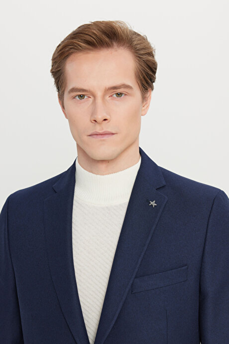 Slim Fit Dar Kesim Mono Yaka Torba Cepli Armürlü Blazer Lacivert Ceket resmi