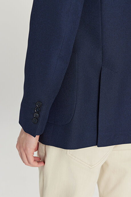 Slim Fit Dar Kesim Mono Yaka Torba Cepli Armürlü Blazer Lacivert Ceket resmi