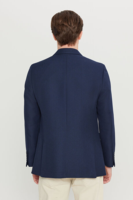 Slim Fit Dar Kesim Mono Yaka Torba Cepli Armürlü Blazer Lacivert Ceket resmi
