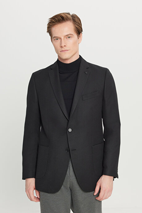 Slim Fit Dar Kesim Mono Yaka Torba Cepli Armürlü Blazer Siyah Ceket resmi