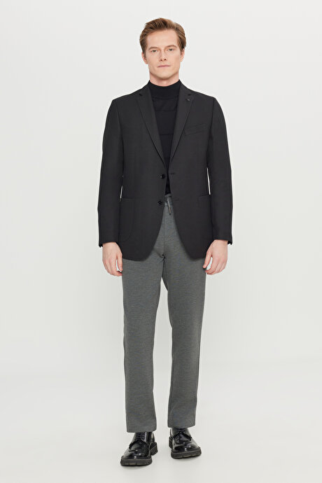 Slim Fit Dar Kesim Mono Yaka Torba Cepli Armürlü Blazer Siyah Ceket resmi