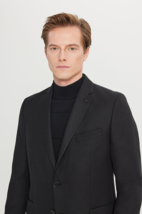 Slim Fit Dar Kesim Mono Yaka Torba Cepli Armürlü Blazer Siyah Ceket resmi