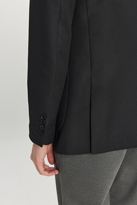 Slim Fit Dar Kesim Mono Yaka Torba Cepli Armürlü Blazer Siyah Ceket resmi
