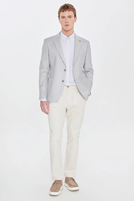 Pamuklu Slim Fit Dar Kesim Kırlangıç Yaka Torba Cepli Armürlü Blazer Gri Ceket resmi