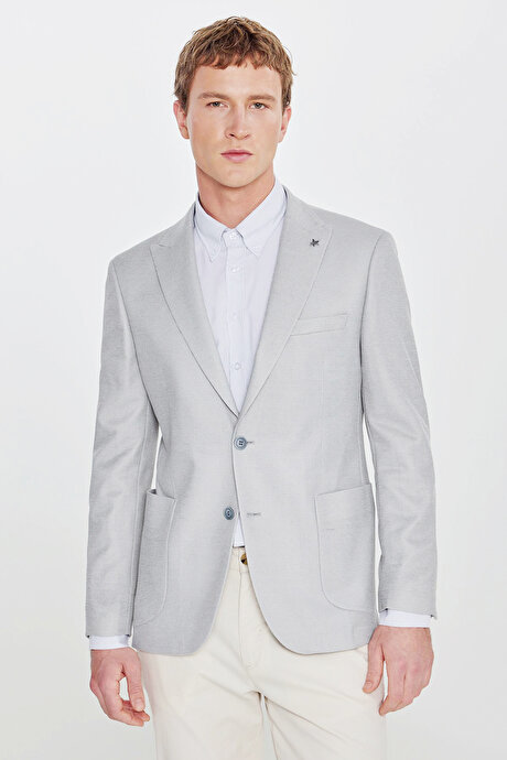 Pamuklu Slim Fit Dar Kesim Kırlangıç Yaka Torba Cepli Armürlü Blazer Gri Ceket resmi