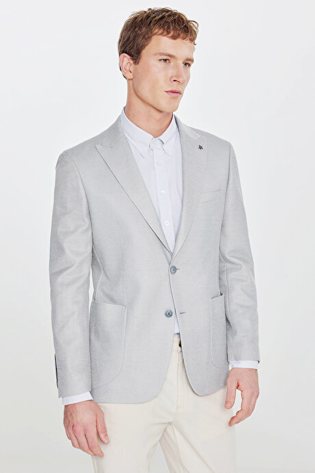 Pamuklu Slim Fit Dar Kesim Kırlangıç Yaka Torba Cepli Armürlü Blazer Gri Ceket resmi