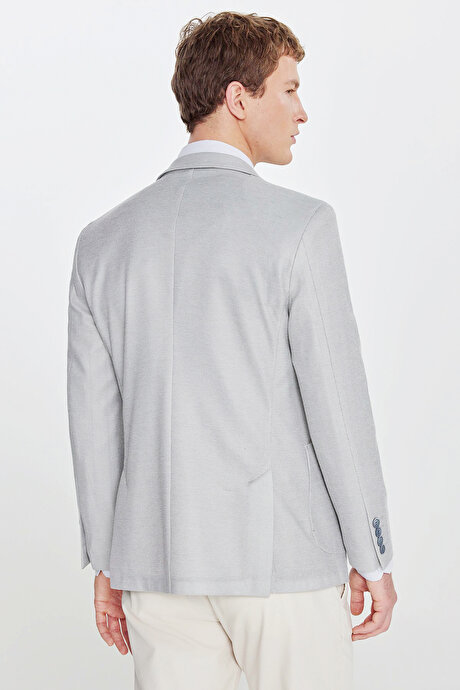 Pamuklu Slim Fit Dar Kesim Kırlangıç Yaka Torba Cepli Armürlü Blazer Gri Ceket resmi