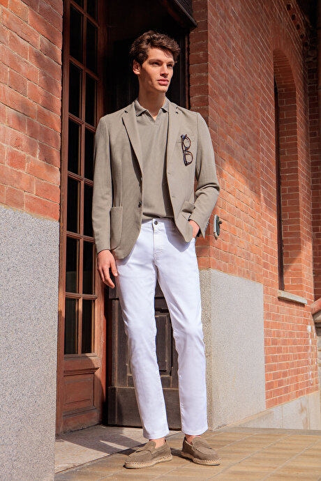 Slim Fit Dar Kesim Mono Yaka Torba Cepli Armürlü Blazer Bej Ceket resmi