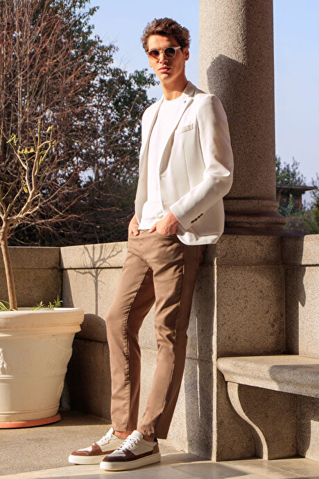 Slim Fit Dar Kesim Mono Yaka Torba Cepli Armürlü Blazer Ekru Ceket resmi