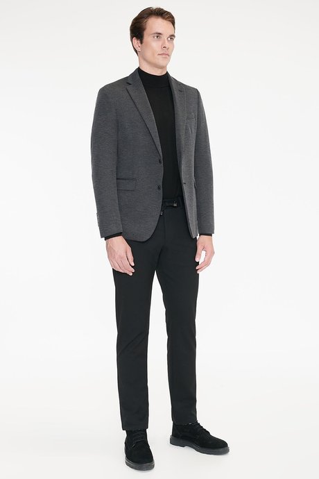 Slim Fit Dar Kesim Mono Yaka Kapak Cepli Armürlü Siyah Ceket resmi