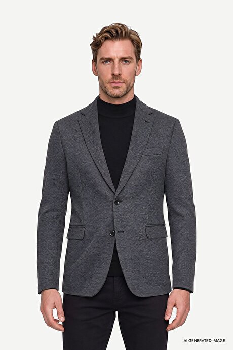 Slim Fit Dar Kesim Mono Yaka Kapak Cepli Armürlü Siyah Ceket resmi