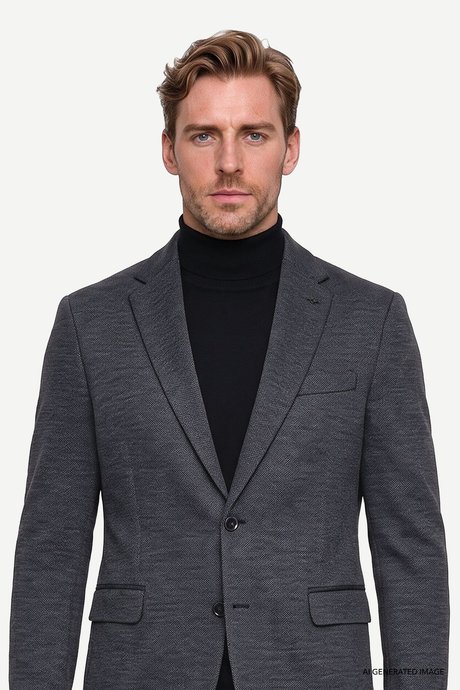 Slim Fit Dar Kesim Mono Yaka Kapak Cepli Armürlü Siyah Ceket resmi