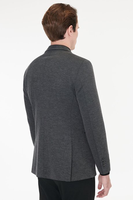 Slim Fit Dar Kesim Mono Yaka Kapak Cepli Armürlü Siyah Ceket resmi