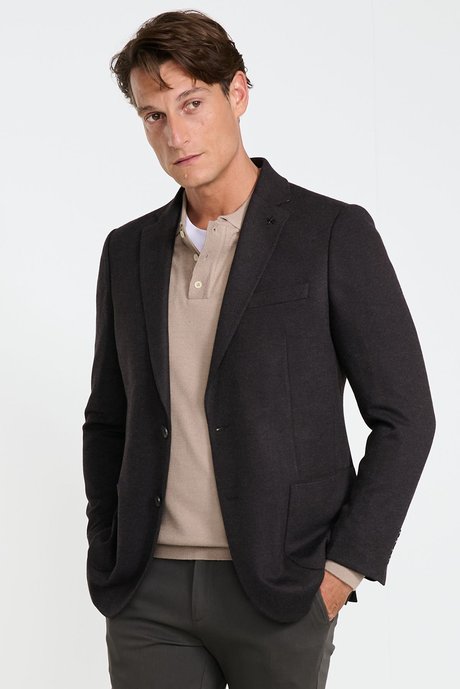 Slim Fit Dar Kesim Mono Yaka Torba Cepli Armürlü Casual Kahverengi Ceket resmi