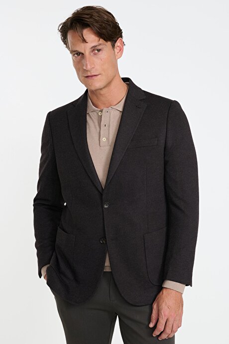 Slim Fit Dar Kesim Mono Yaka Torba Cepli Armürlü Casual Kahverengi Ceket resmi