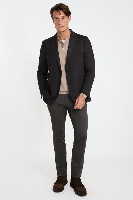 Slim Fit Dar Kesim Mono Yaka Torba Cepli Armürlü Casual Kahverengi Ceket resmi
