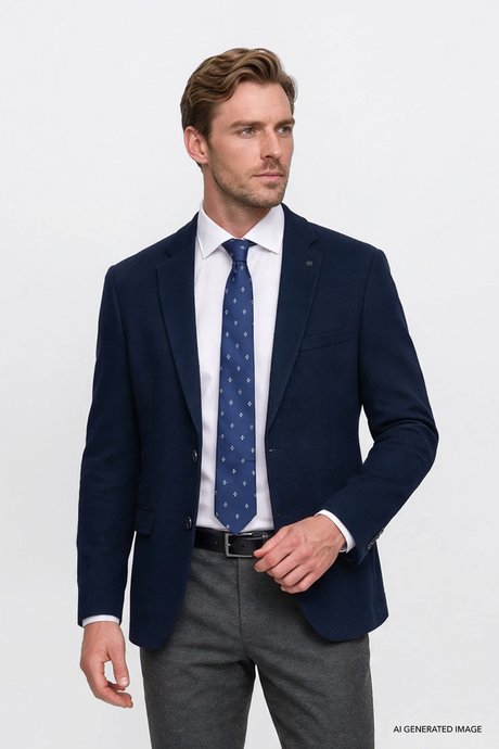 Regular Fit Normal Kesim Mono Yaka Kapak Cepli Esnek Armürlü Blazer Lacivert Ceket resmi