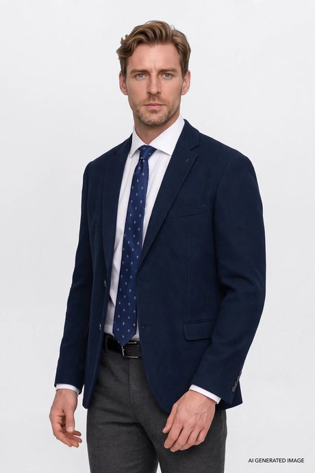 Regular Fit Normal Kesim Mono Yaka Kapak Cepli Esnek Armürlü Blazer Lacivert Ceket resmi