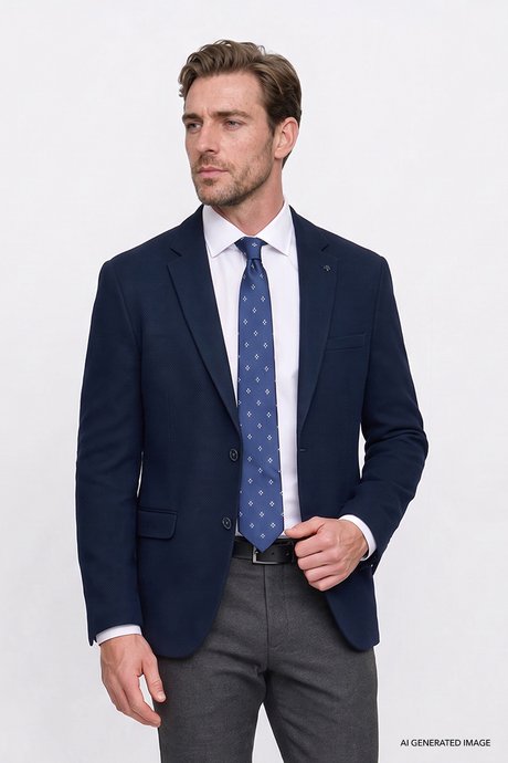 Regular Fit Normal Kesim Mono Yaka Kapak Cepli Esnek Armürlü Blazer Lacivert Ceket resmi