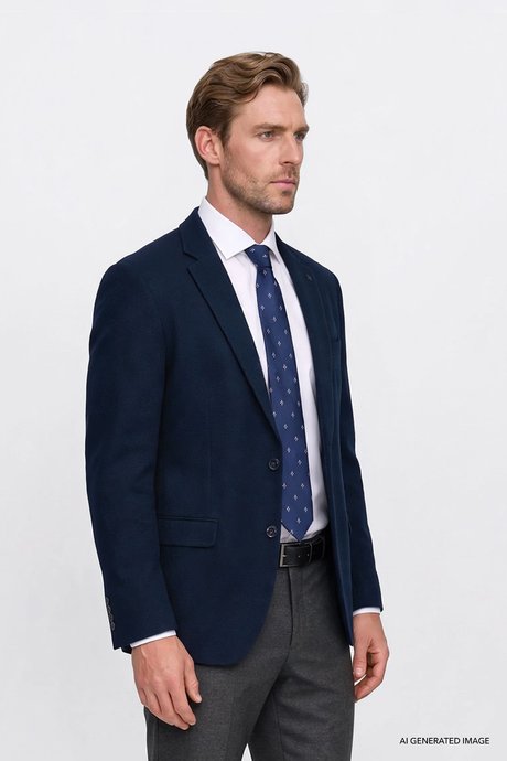 Regular Fit Normal Kesim Mono Yaka Kapak Cepli Esnek Armürlü Blazer Lacivert Ceket resmi