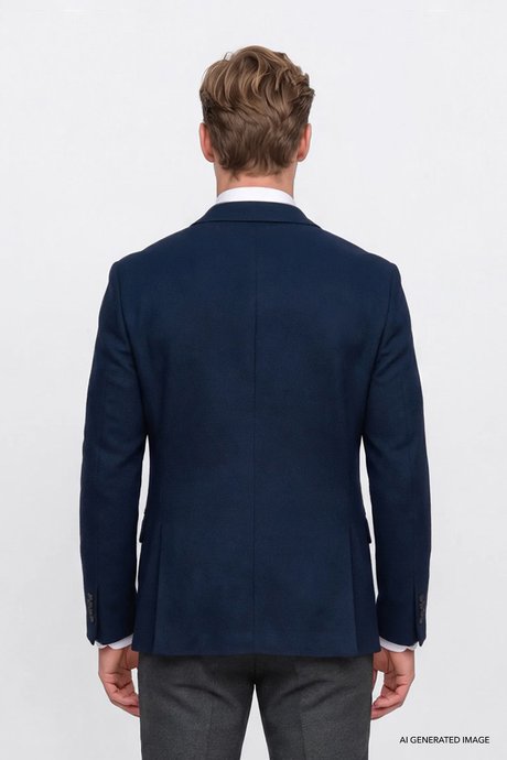 Regular Fit Normal Kesim Mono Yaka Kapak Cepli Esnek Armürlü Blazer Lacivert Ceket resmi