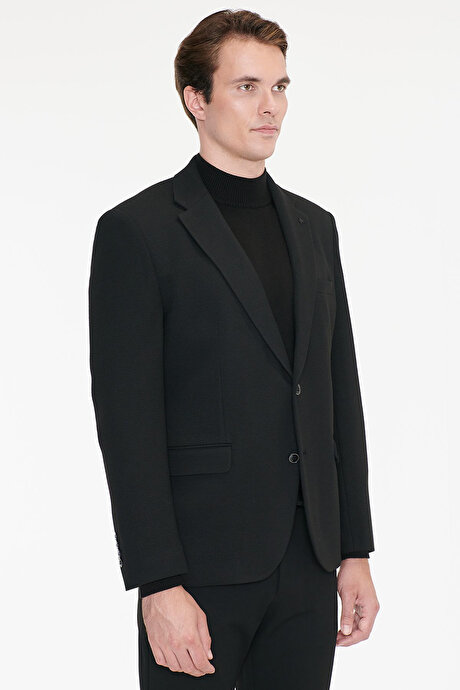 Regular Fit Normal Kesim Mono Yaka Kapak Cepli Esnek Armürlü Blazer Siyah Ceket resmi
