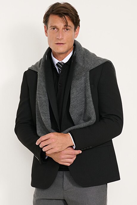 Regular Fit Normal Kesim Mono Yaka Kapak Cepli Esnek Armürlü Blazer Siyah Ceket resmi