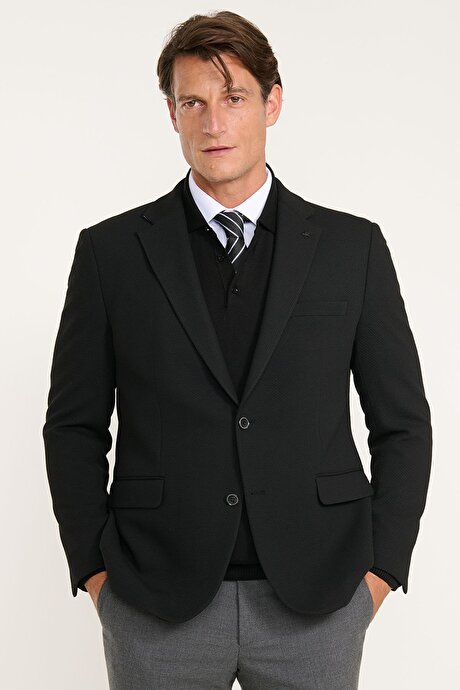 Regular Fit Normal Kesim Mono Yaka Kapak Cepli Esnek Armürlü Blazer Siyah Ceket resmi