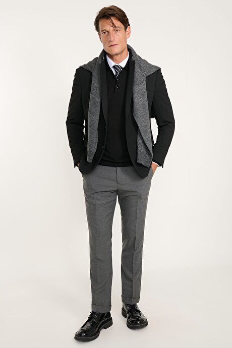Regular Fit Normal Kesim Mono Yaka Kapak Cepli Esnek Armürlü Blazer Siyah Ceket resmi
