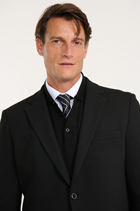 Regular Fit Normal Kesim Mono Yaka Kapak Cepli Esnek Armürlü Blazer Siyah Ceket resmi