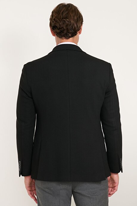 Regular Fit Normal Kesim Mono Yaka Kapak Cepli Esnek Armürlü Blazer Siyah Ceket resmi