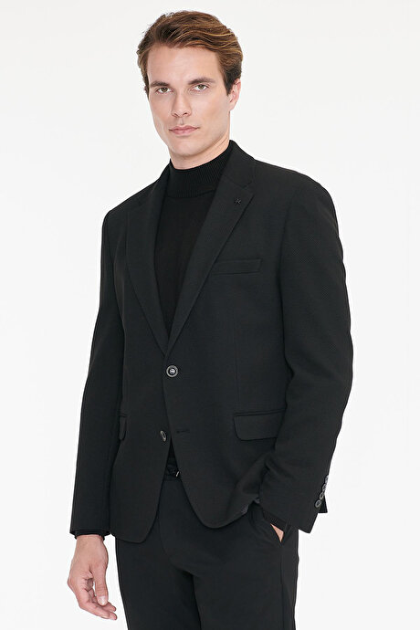 Regular Fit Normal Kesim Mono Yaka Kapak Cepli Esnek Armürlü Blazer Siyah Ceket resmi