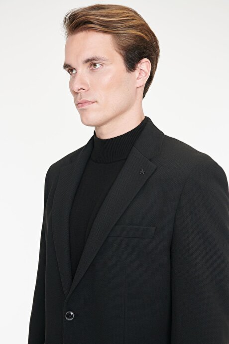Regular Fit Normal Kesim Mono Yaka Kapak Cepli Esnek Armürlü Blazer Siyah Ceket resmi
