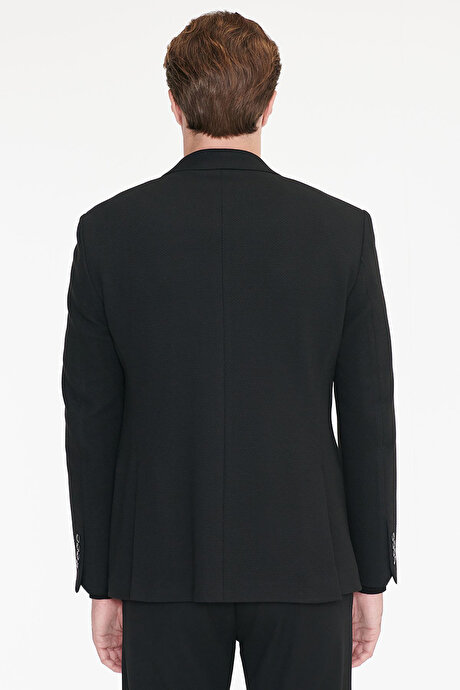 Regular Fit Normal Kesim Mono Yaka Kapak Cepli Esnek Armürlü Blazer Siyah Ceket resmi